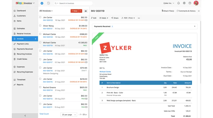 Zoho Invoice business application preview