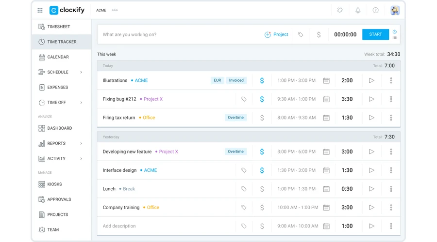 Clockify business application preview