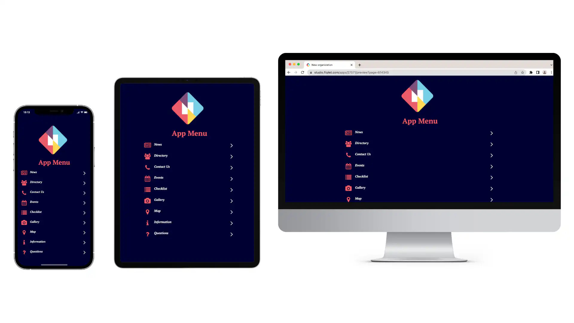 Fliplet app publishing workspace showing web and mobile access