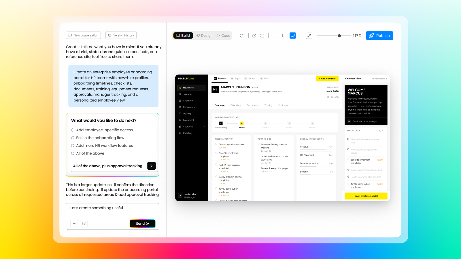 Fliplet prompt-led onboarding portal builder with AI next steps