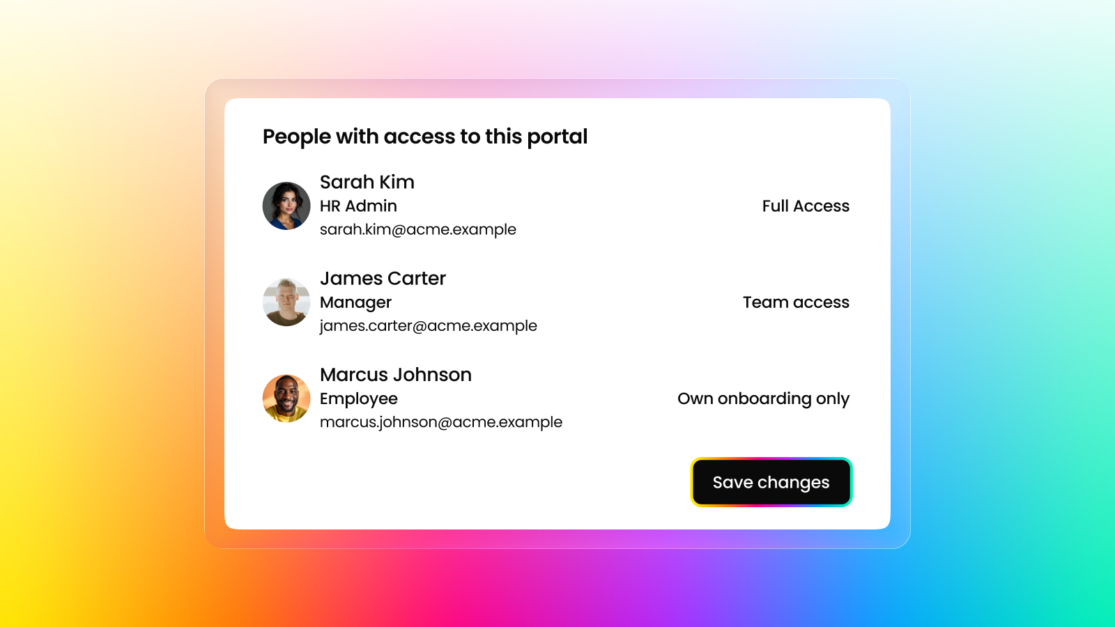 Fliplet access controls for an onboarding portal showing user permission levels