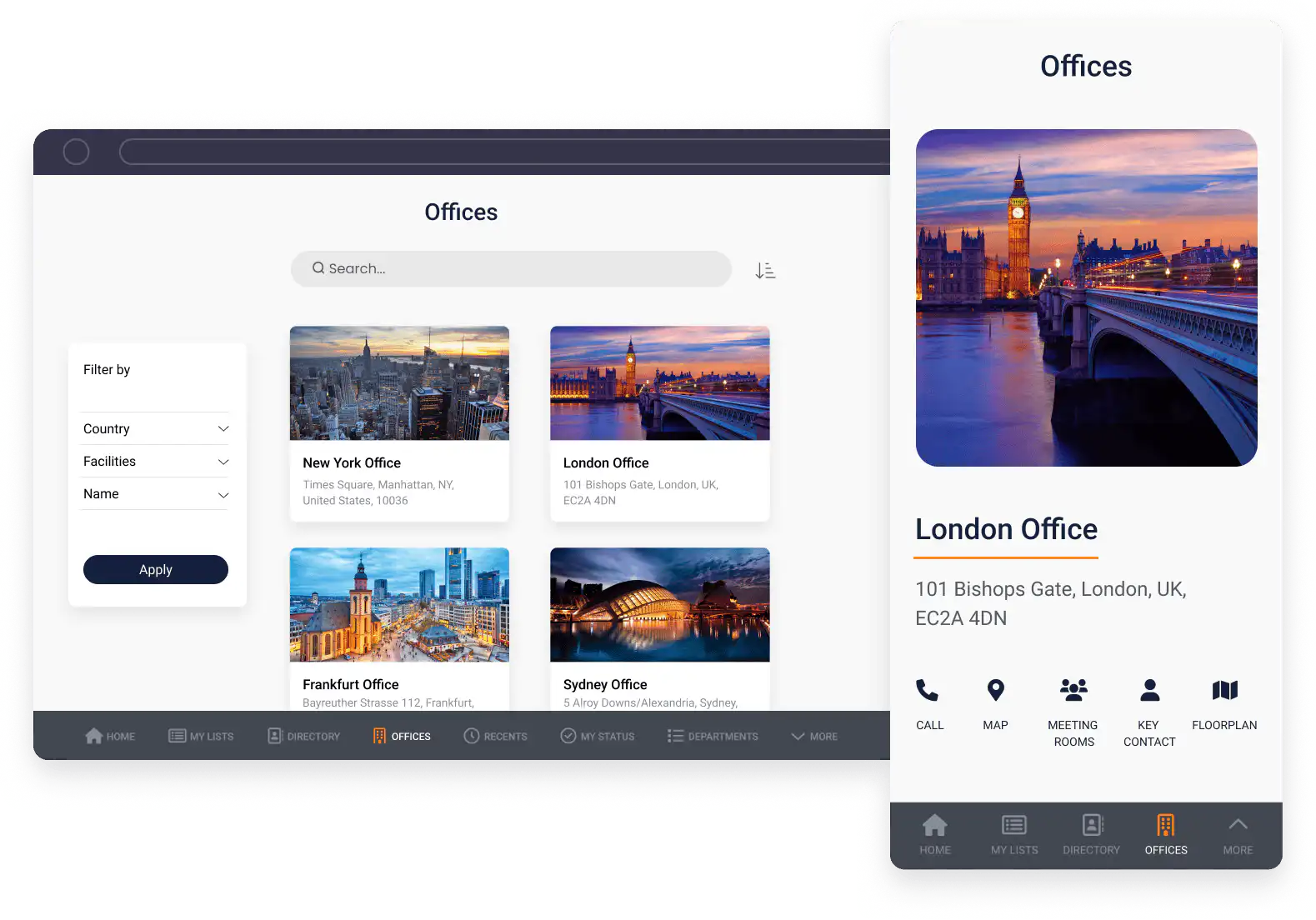 Employee directory app interface with org discovery and people search