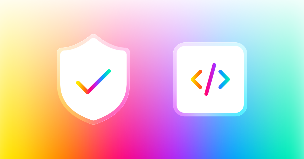 Shield with a checkmark and code icon on a rainbow gradient, representing secure enterprise vibe coding.