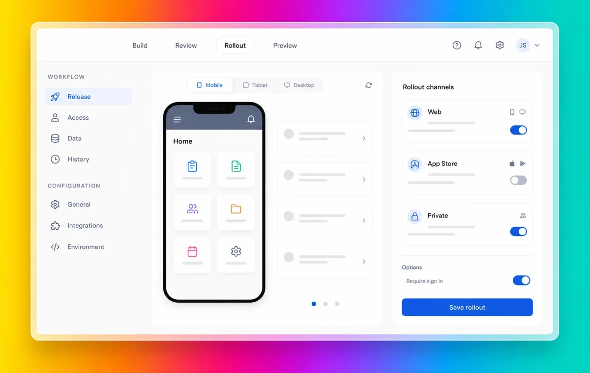 Mobile rollout interface with web, app store, and private distribution controls on a rainbow gradient background.