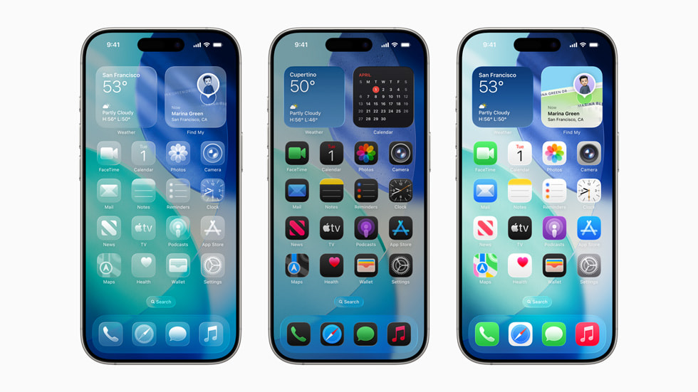 Three iPhones showing iOS 26 home screen customization and Liquid Glass styling