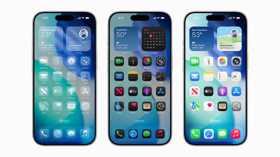 Three iPhones showing iOS 26 home screen customization and Liquid Glass styling