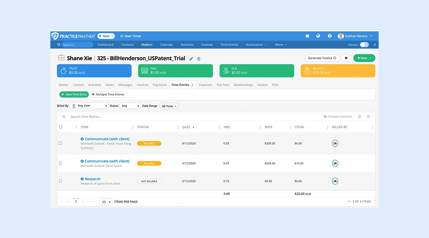PracticePanther software view for legal teams