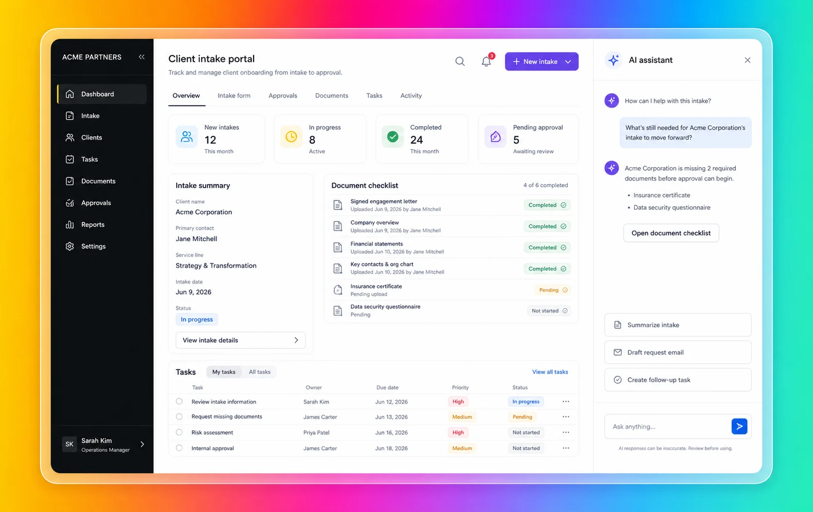 Client intake portal with structured workflow modules and an embedded AI assistant panel
