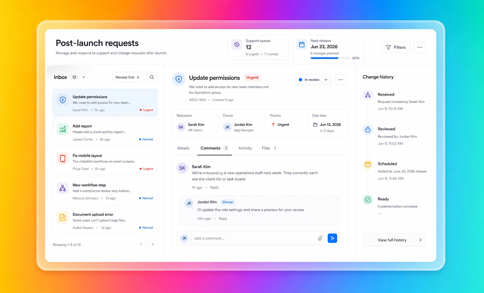 Post-launch request queue showing support items, change history, and release planning for business software