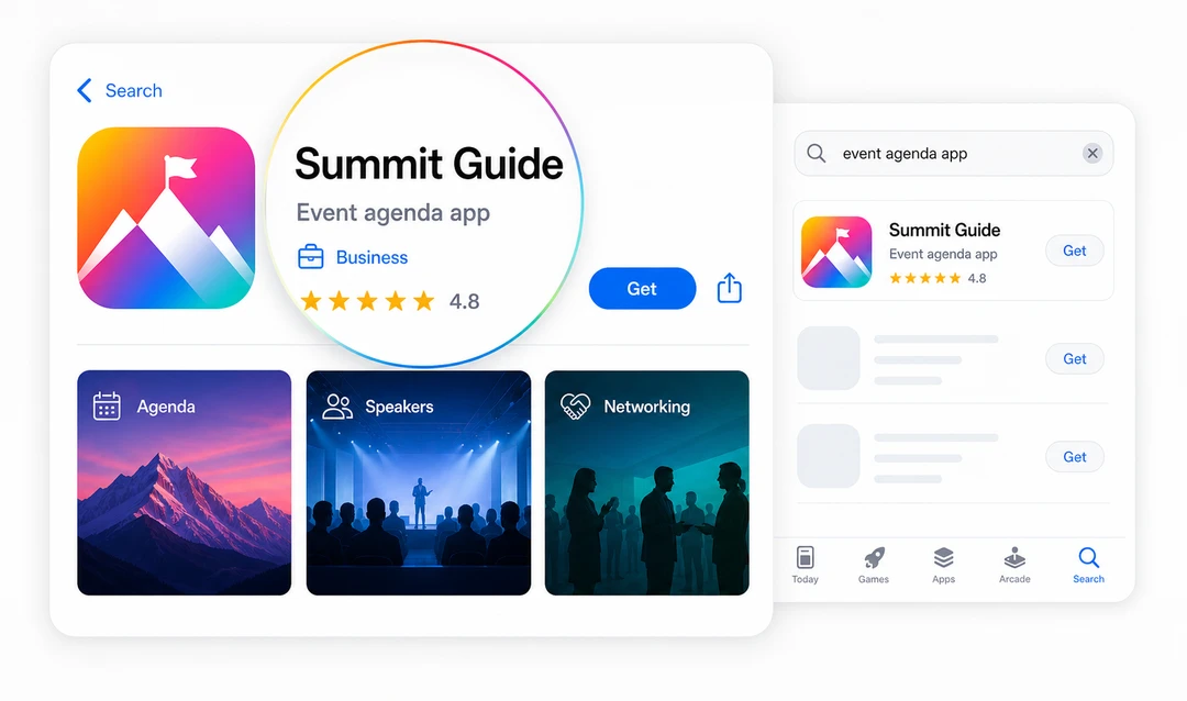 App store listing close-up with app name, category, rating, screenshots, and in-store search result