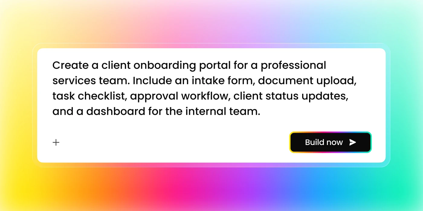 Fliplet prompt window for creating a client onboarding portal from a plain-language brief.