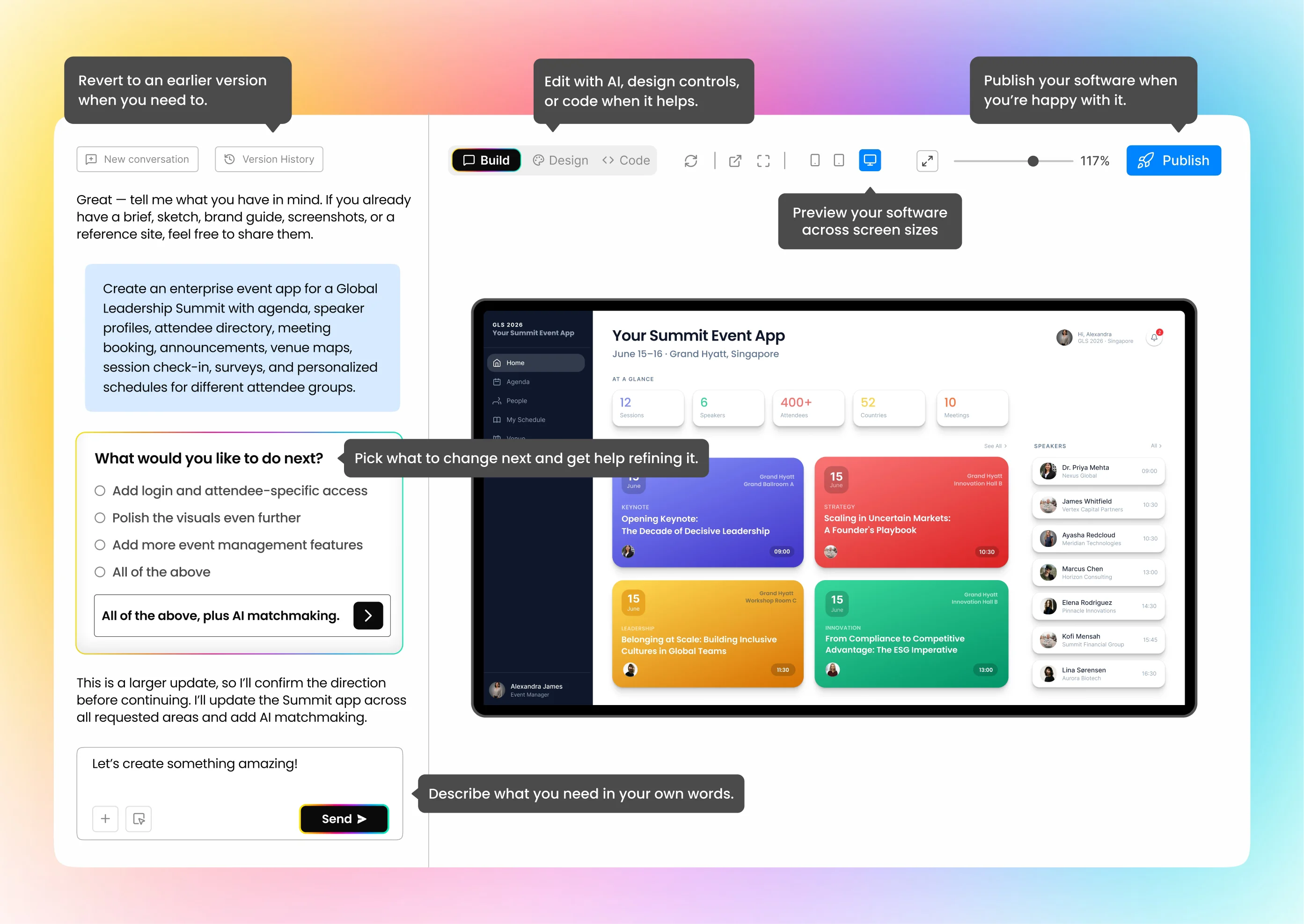 Fliplet builder refining and publishing a summit event app with AI prompts