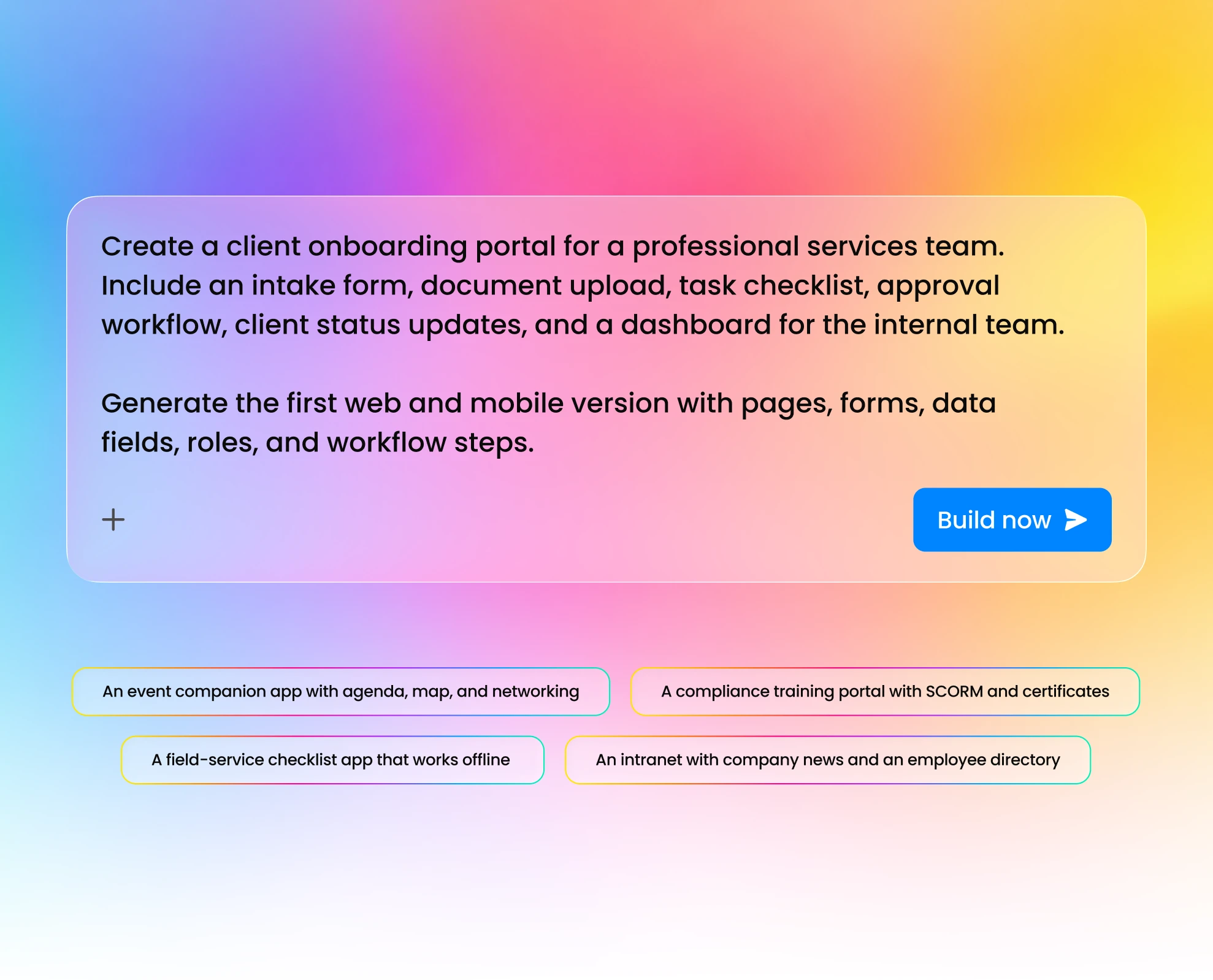 Fliplet AI prompt window with suggested templates for generating a first app version