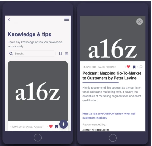 Sales enablement knowledge and tips screen