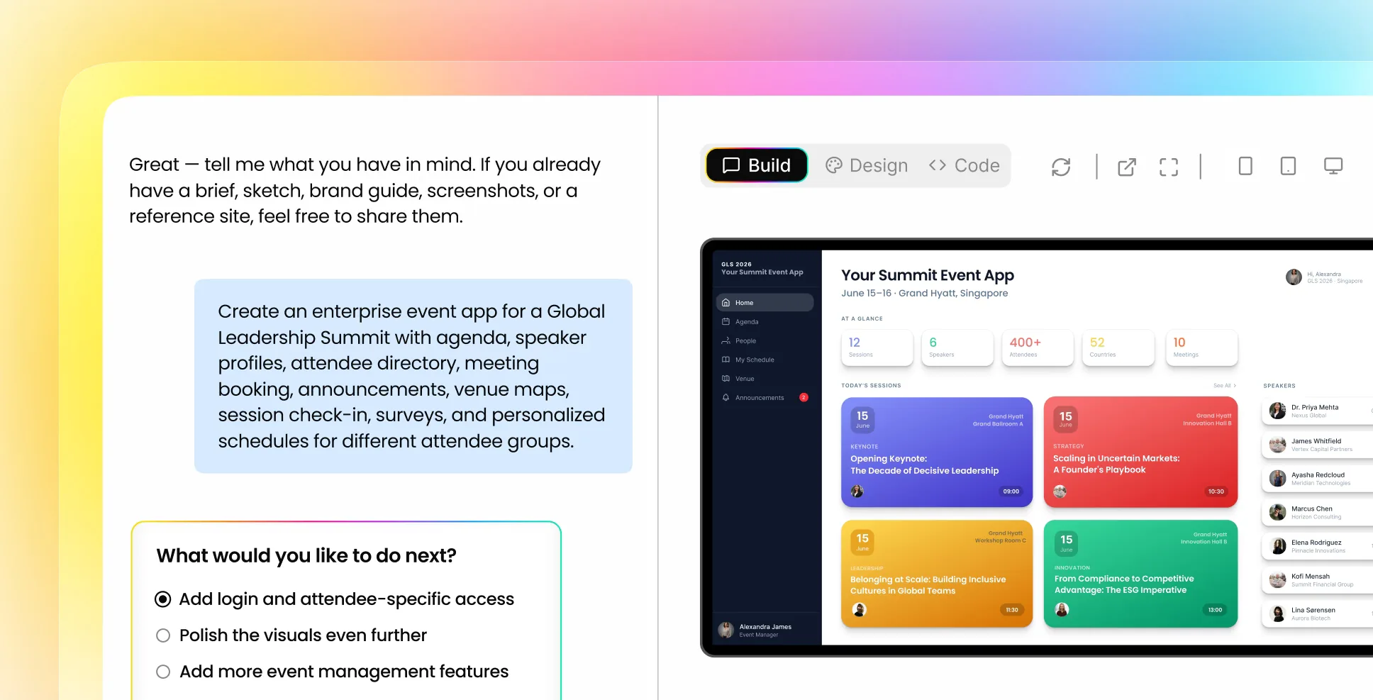 Fliplet prompt interface and generated business software preview