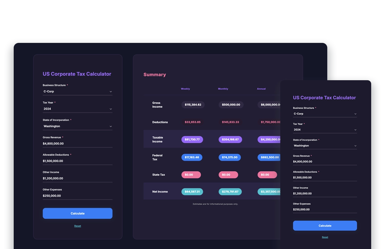 US corporate tax calculator app built with Fliplet AI