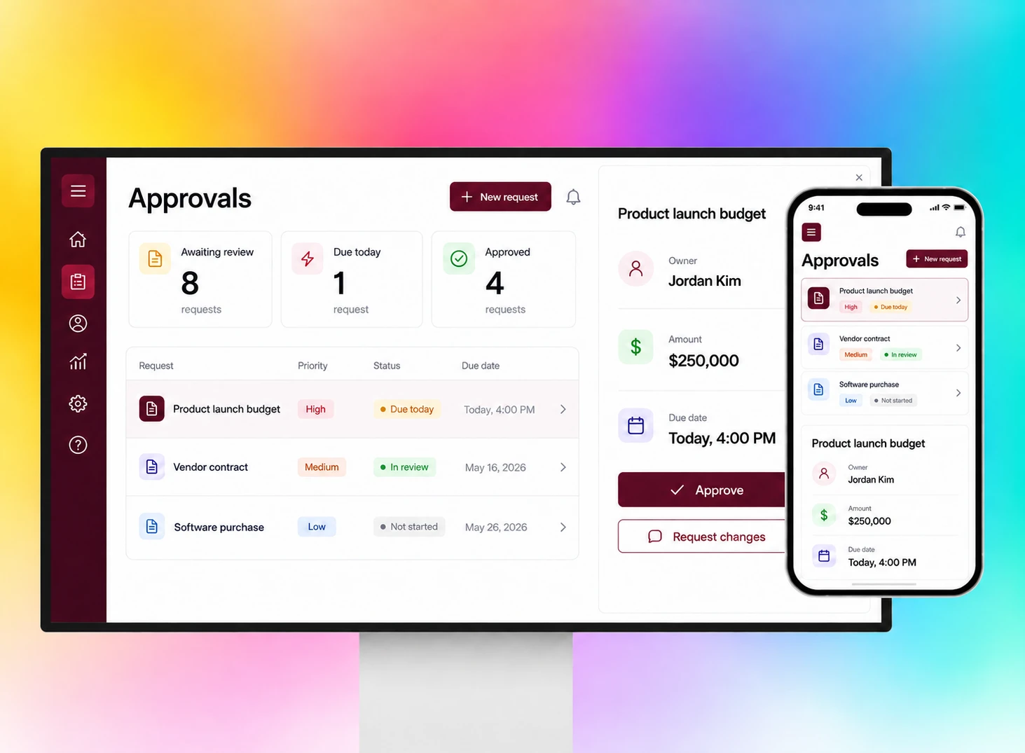 Illustrative approvals dashboard concept showing requests and review actions