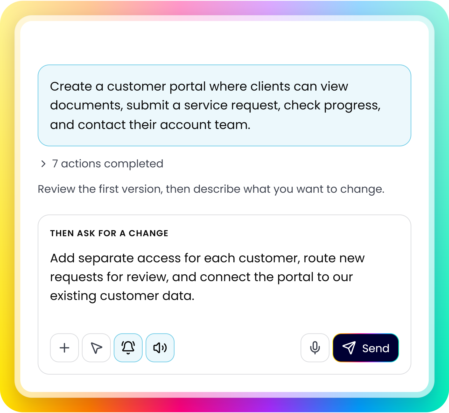 Fliplet AI example. Starting prompt: Create a customer portal where clients can view documents, submit a service request, check progress, and contact their account team. Follow-up: Add separate access for each customer, route new requests for review, and connect the portal to our existing customer data.