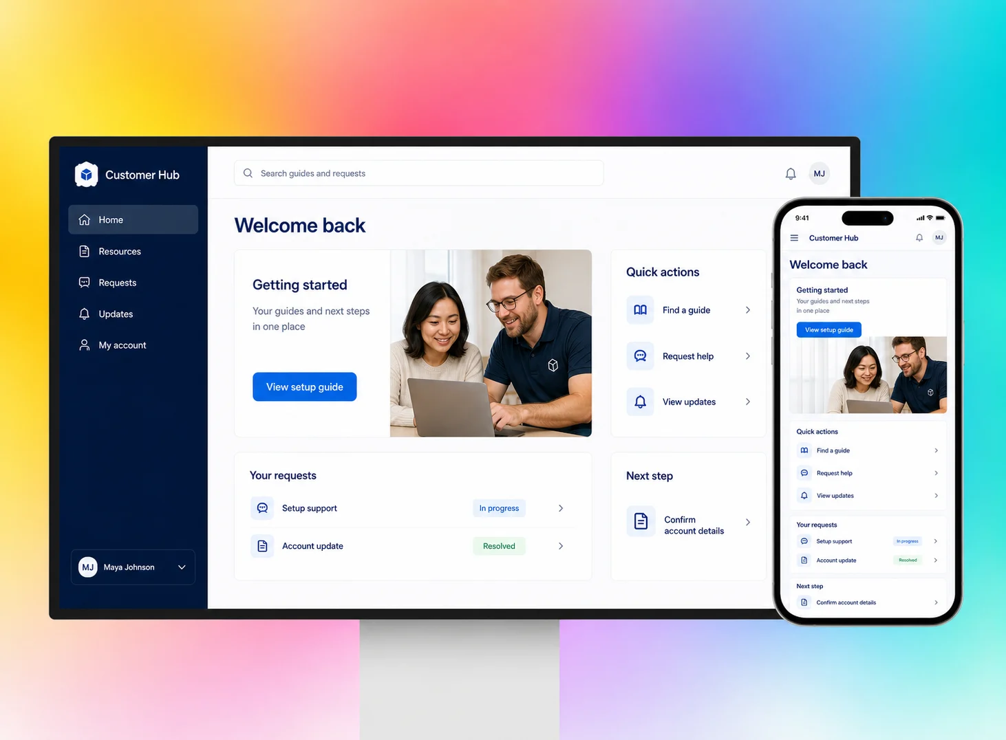 Illustrative Customer Hub portal on desktop and mobile with guides, requests and account updates