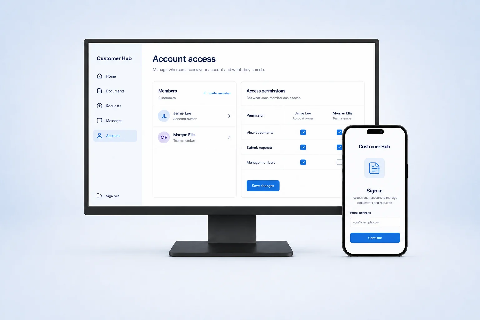 Illustrative customer account permissions on desktop and a mobile sign-in screen