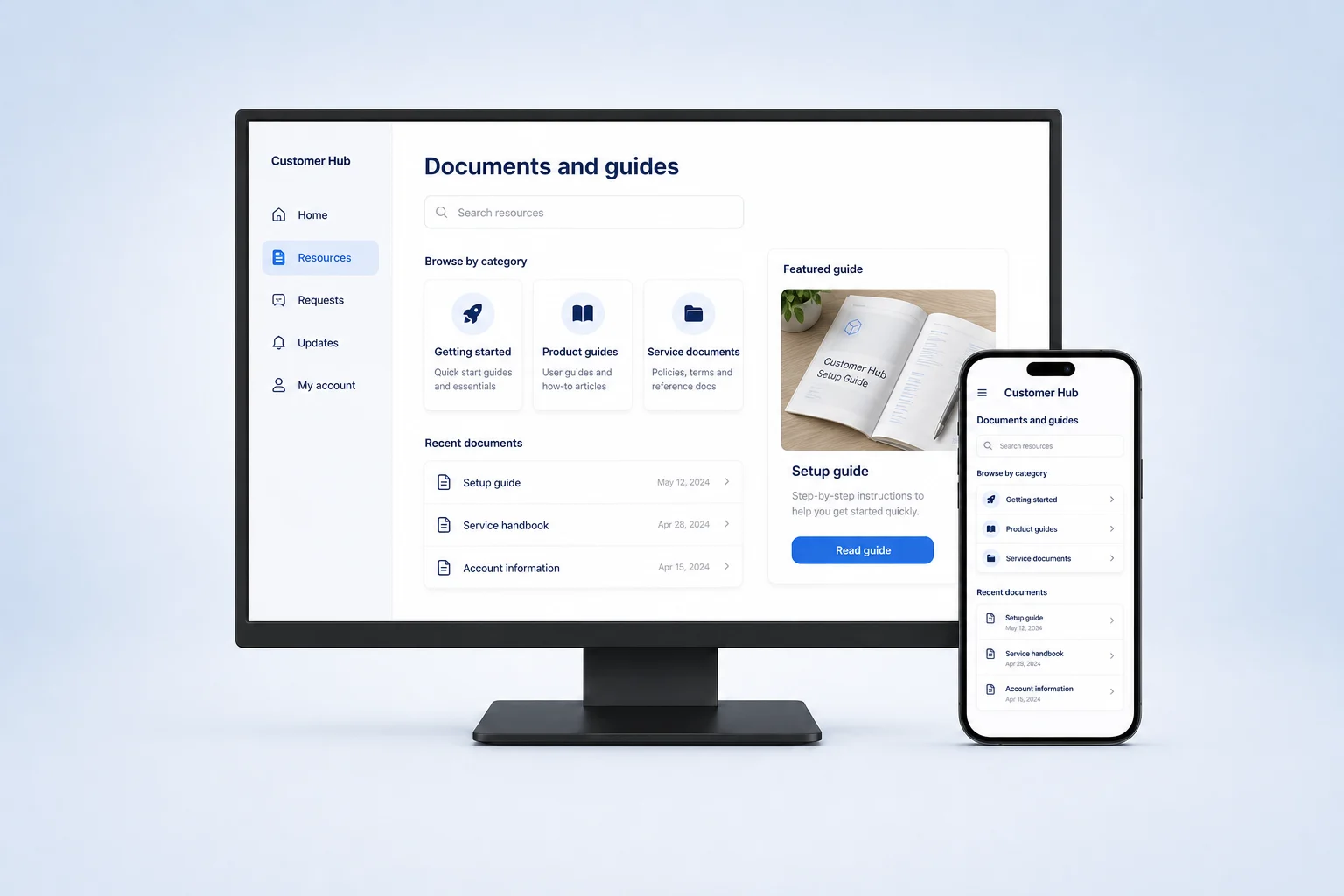 Illustrative customer resource library with searchable guides on desktop and mobile
