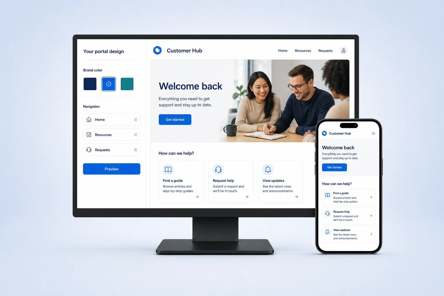 Illustrative portal design editor with brand settings and a customer home page preview