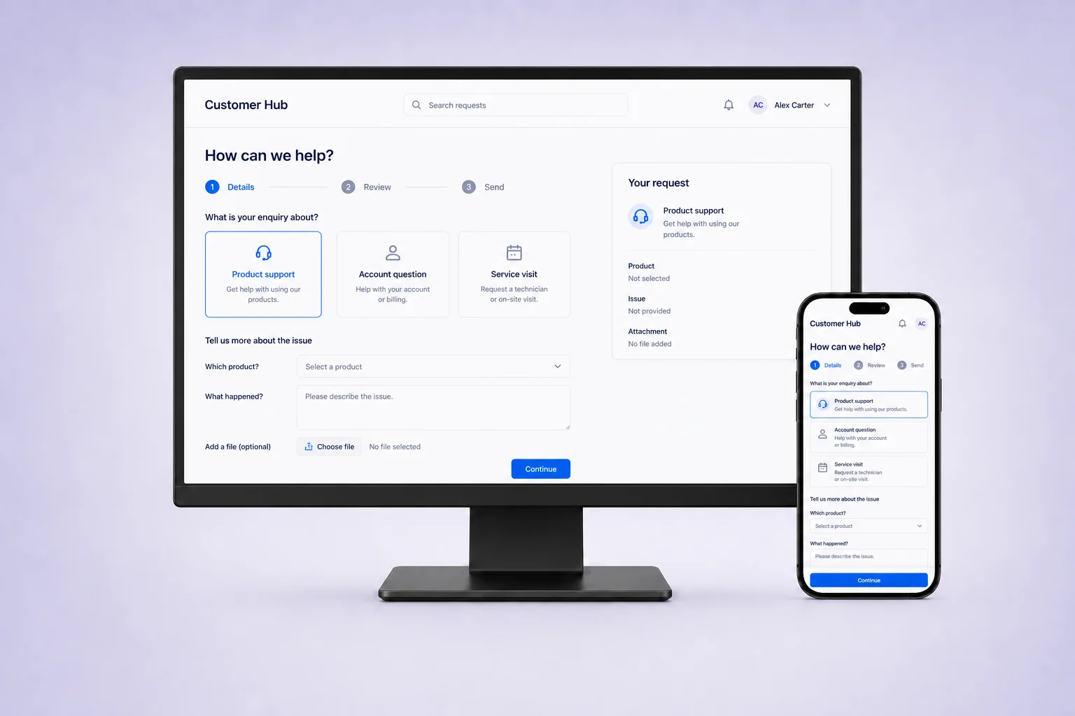 Illustrative customer enquiry form with product support questions on desktop and mobile