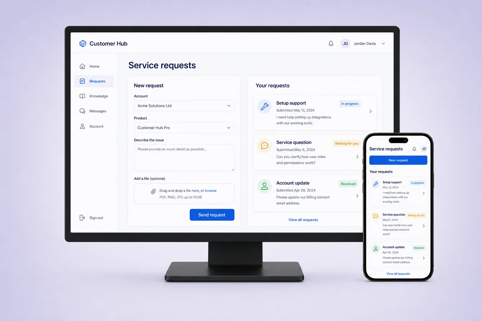 Illustrative customer service request form and status list on desktop and mobile