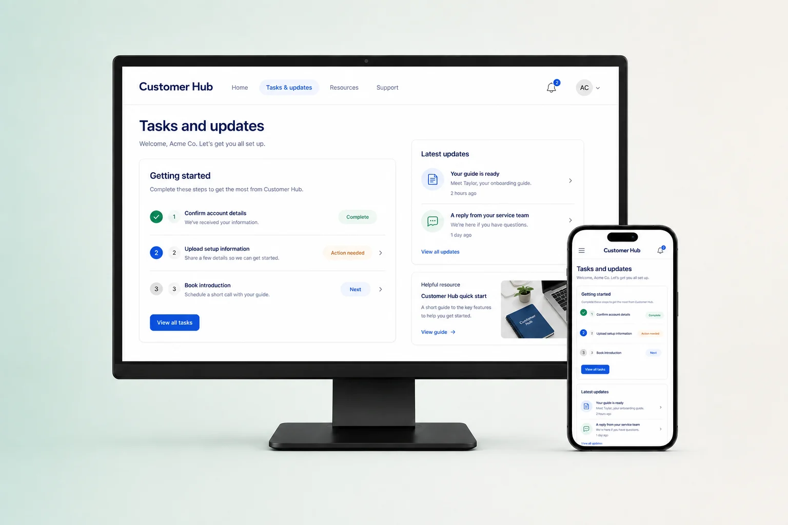 Illustrative customer onboarding checklist and latest updates on desktop and mobile