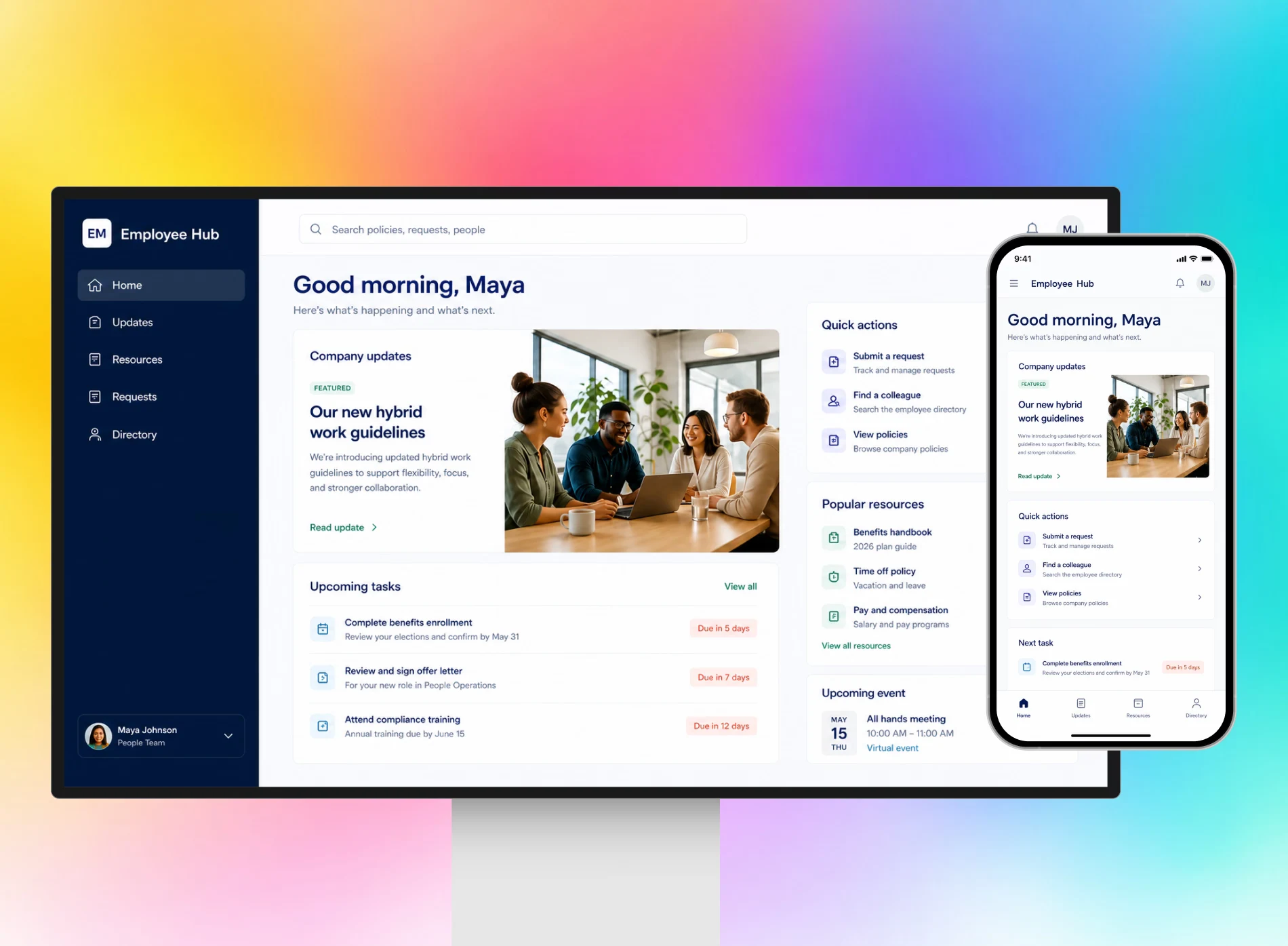 Employee Hub portal displayed on desktop and mobile with updates, quick actions, resources, and upcoming tasks