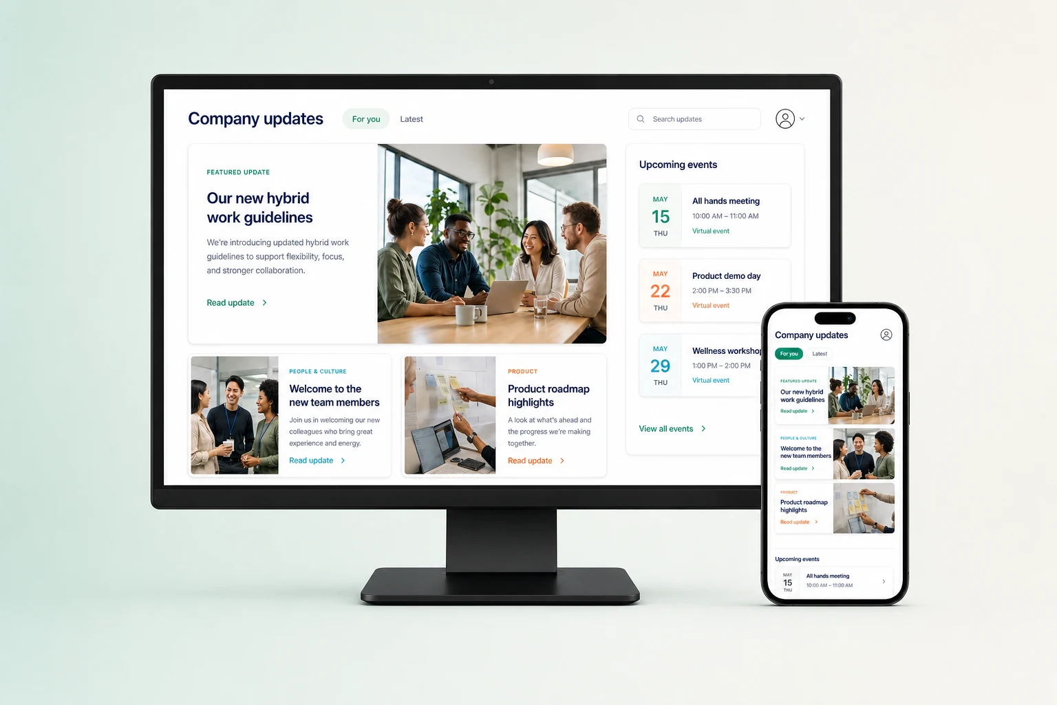 Company updates portal on desktop and mobile with workplace stories, team news, and upcoming events