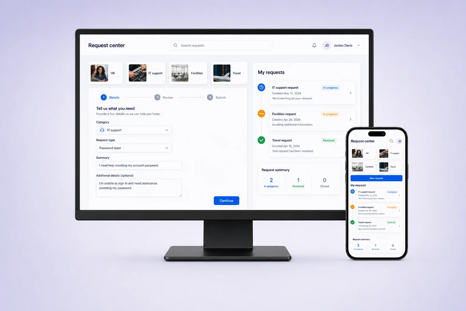Employee request center on desktop and mobile with service categories, a request form, and status tracking