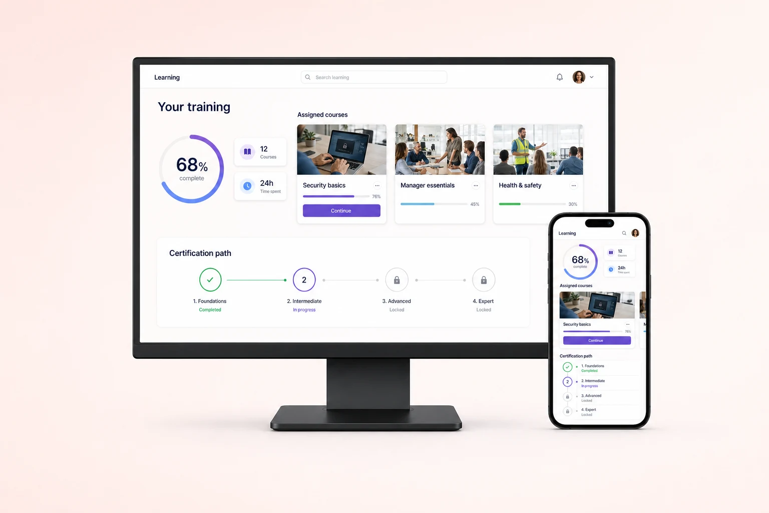 Employee learning portal on desktop and mobile with course imagery, progress tracking, and a certification path