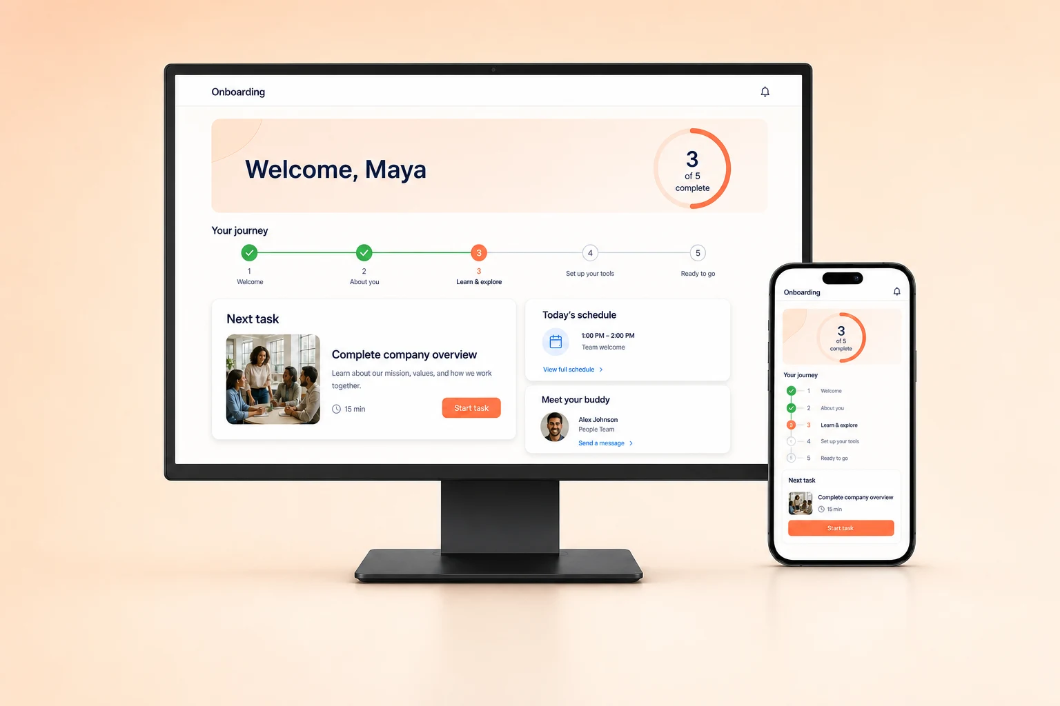 Employee onboarding portal on desktop and mobile with a guided journey, welcome task, schedule, and buddy profile