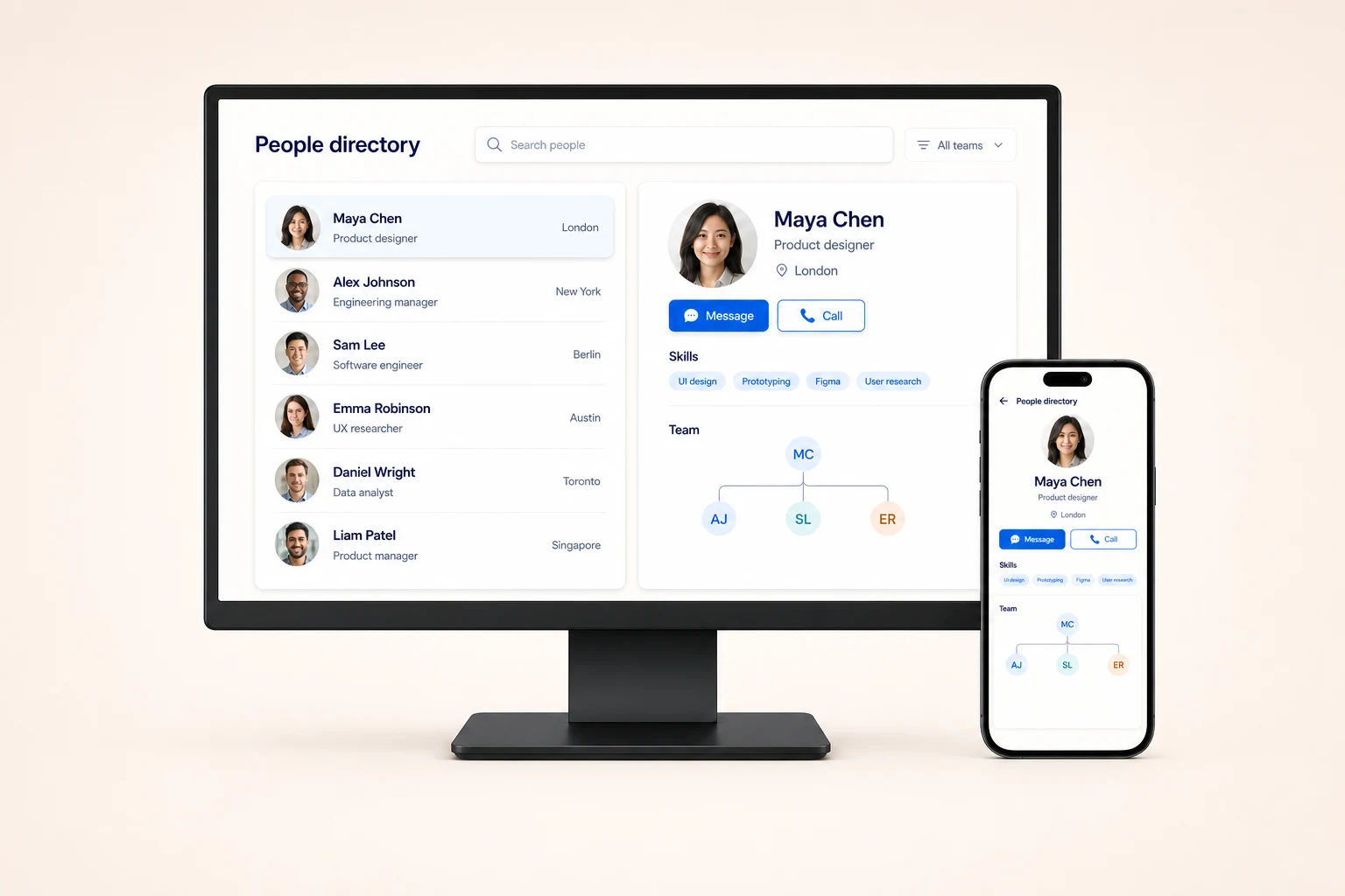 Employee directory on desktop and mobile with staff profiles, contact actions, skills, and team relationships