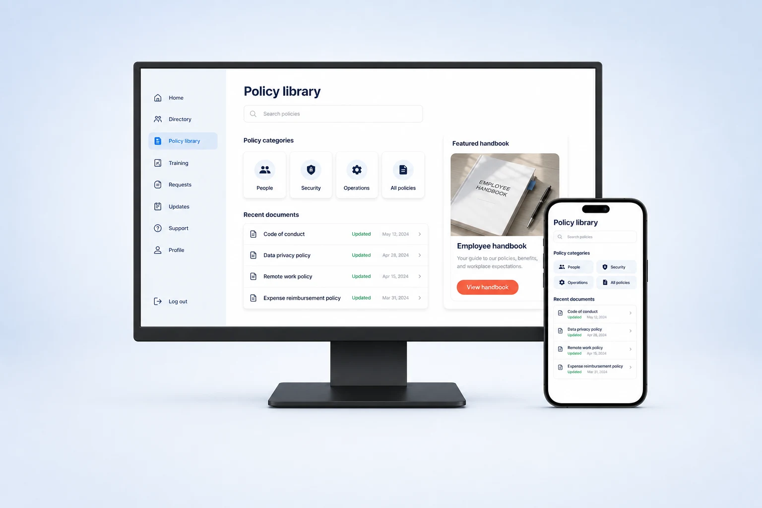 Employee policy library on desktop and mobile with categories, recent documents, and a featured handbook
