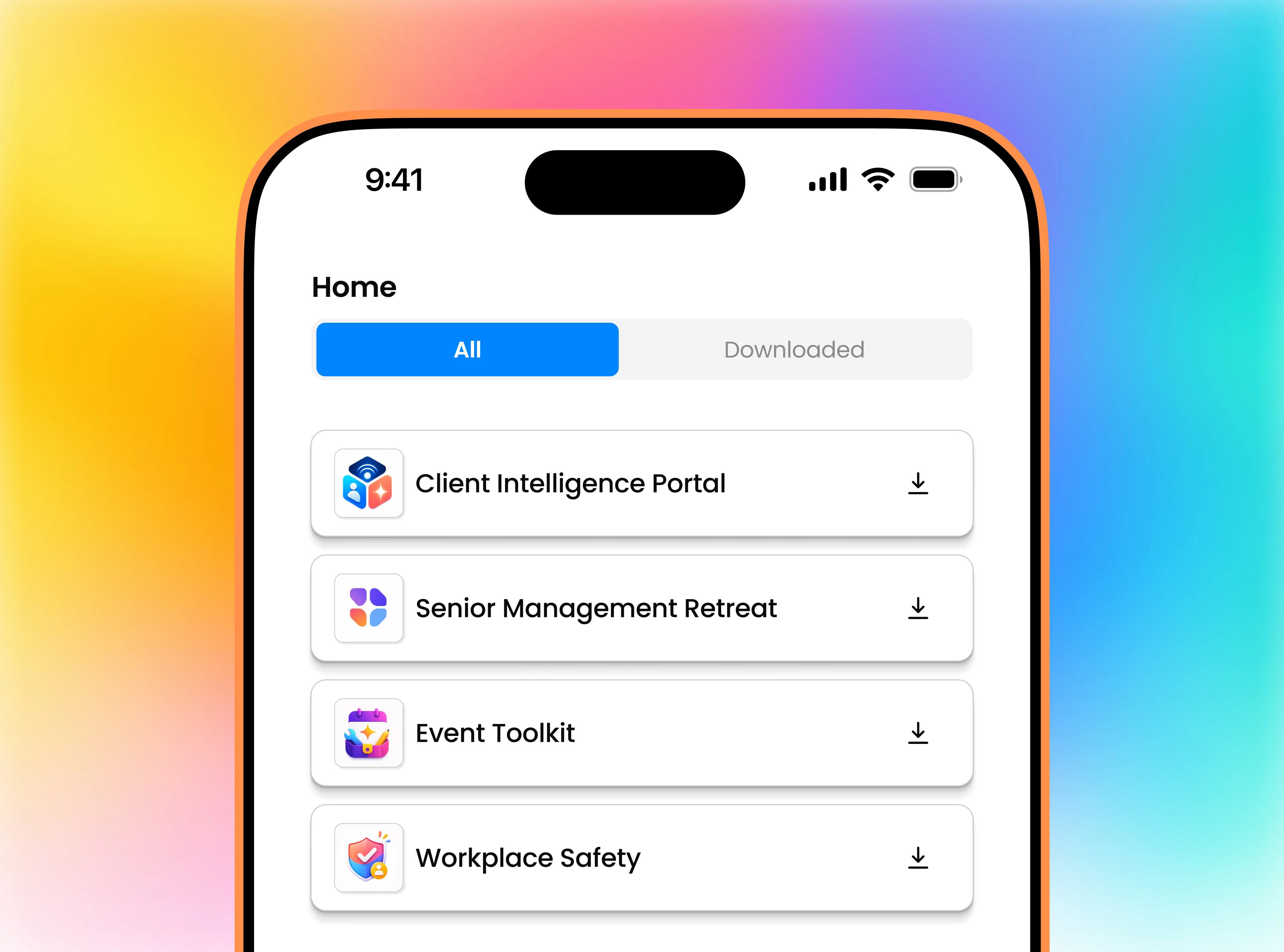 Fliplet Hub on a mobile phone showing Client Intelligence Portal, Senior Management Retreat, Event Toolkit, and Workplace Safety