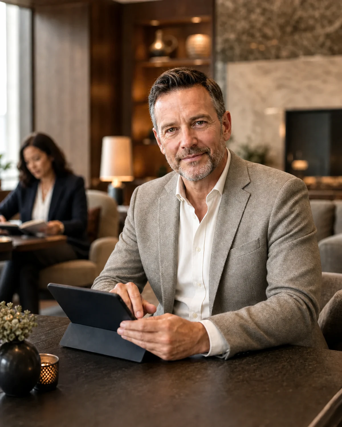 Client stakeholder reviewing work on a tablet in an executive lounge