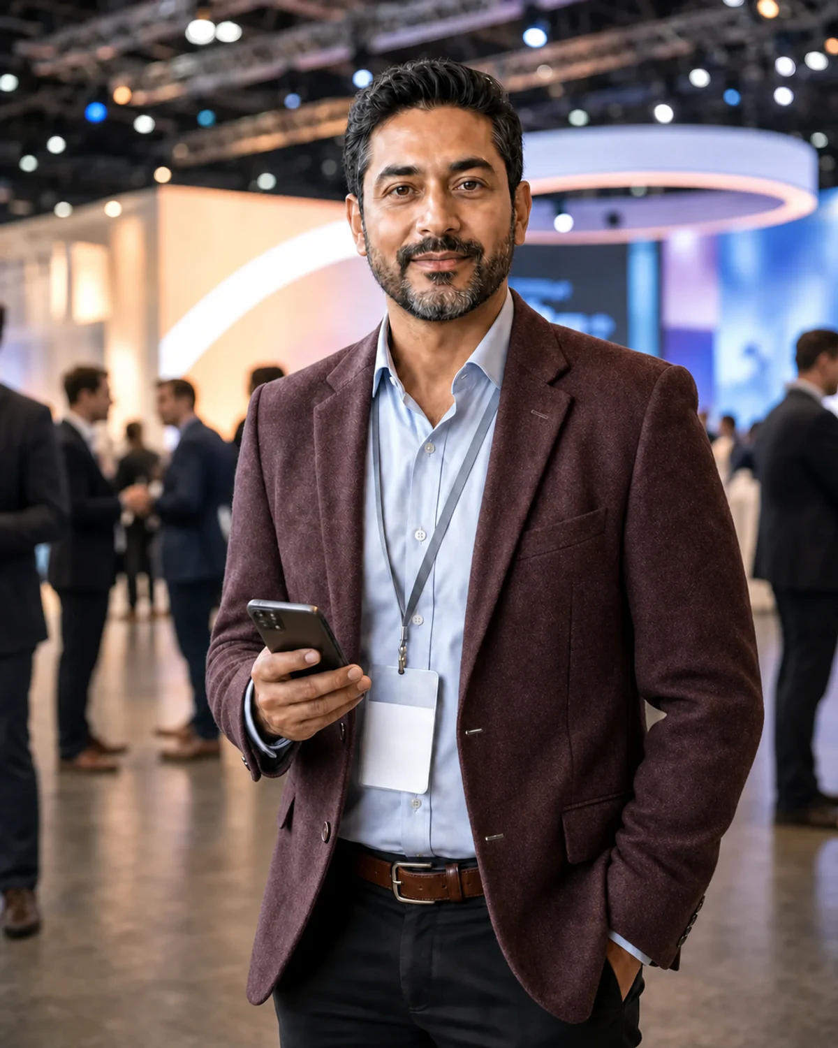 Professional event attendee using a mobile phone in an exhibition hall