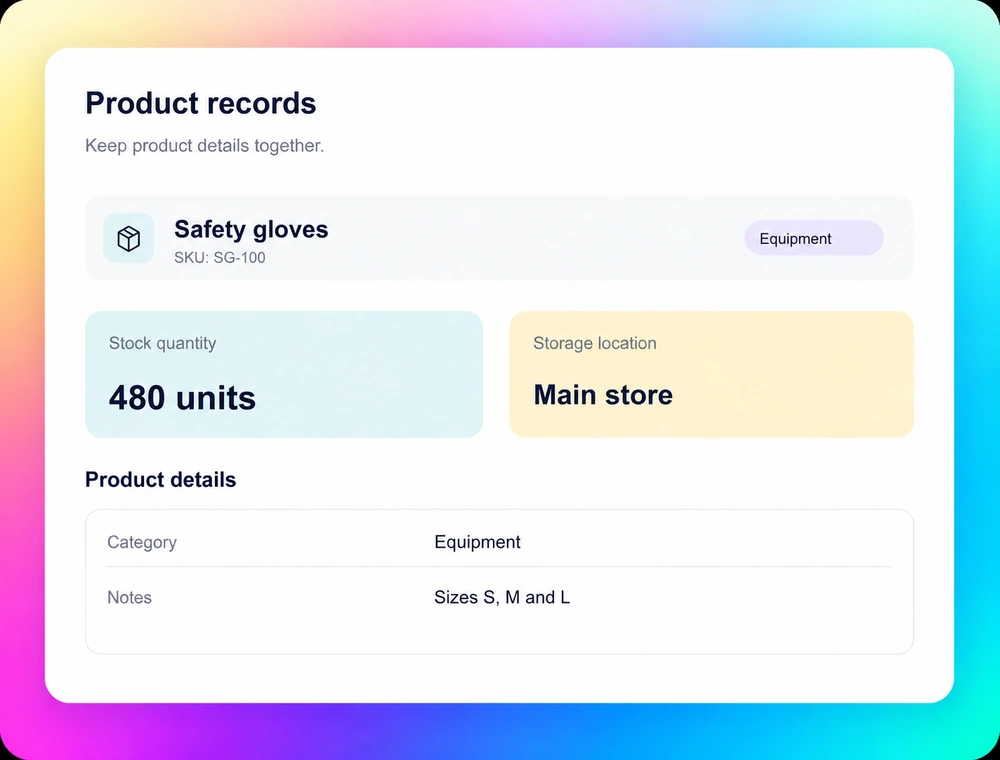 Product record with a product code, category and quantity
