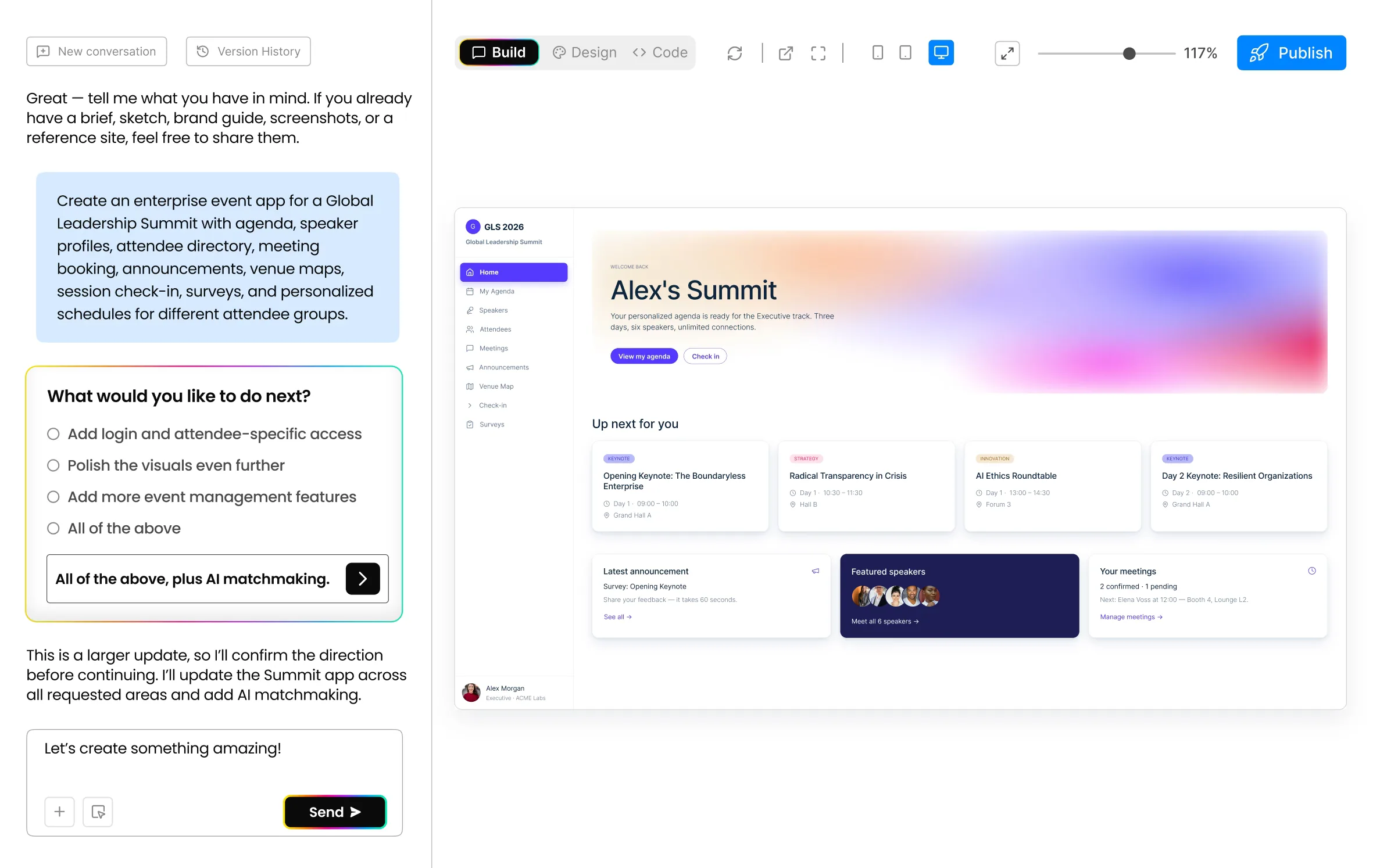 Fliplet platform workspace overview showing prompt creation, workflow controls, and software preview panels