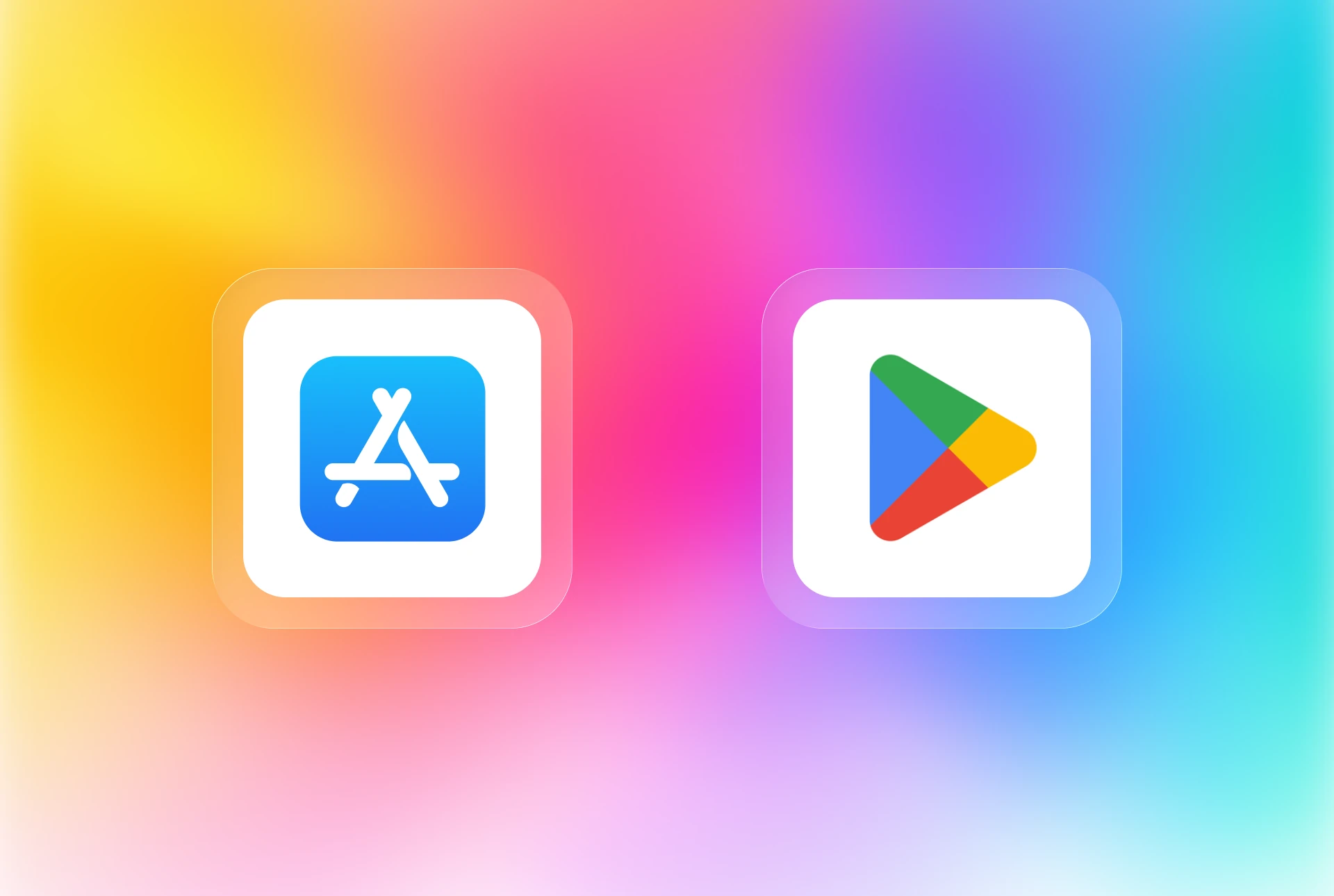 Apple App Store and Google Play icons on a colorful gradient background