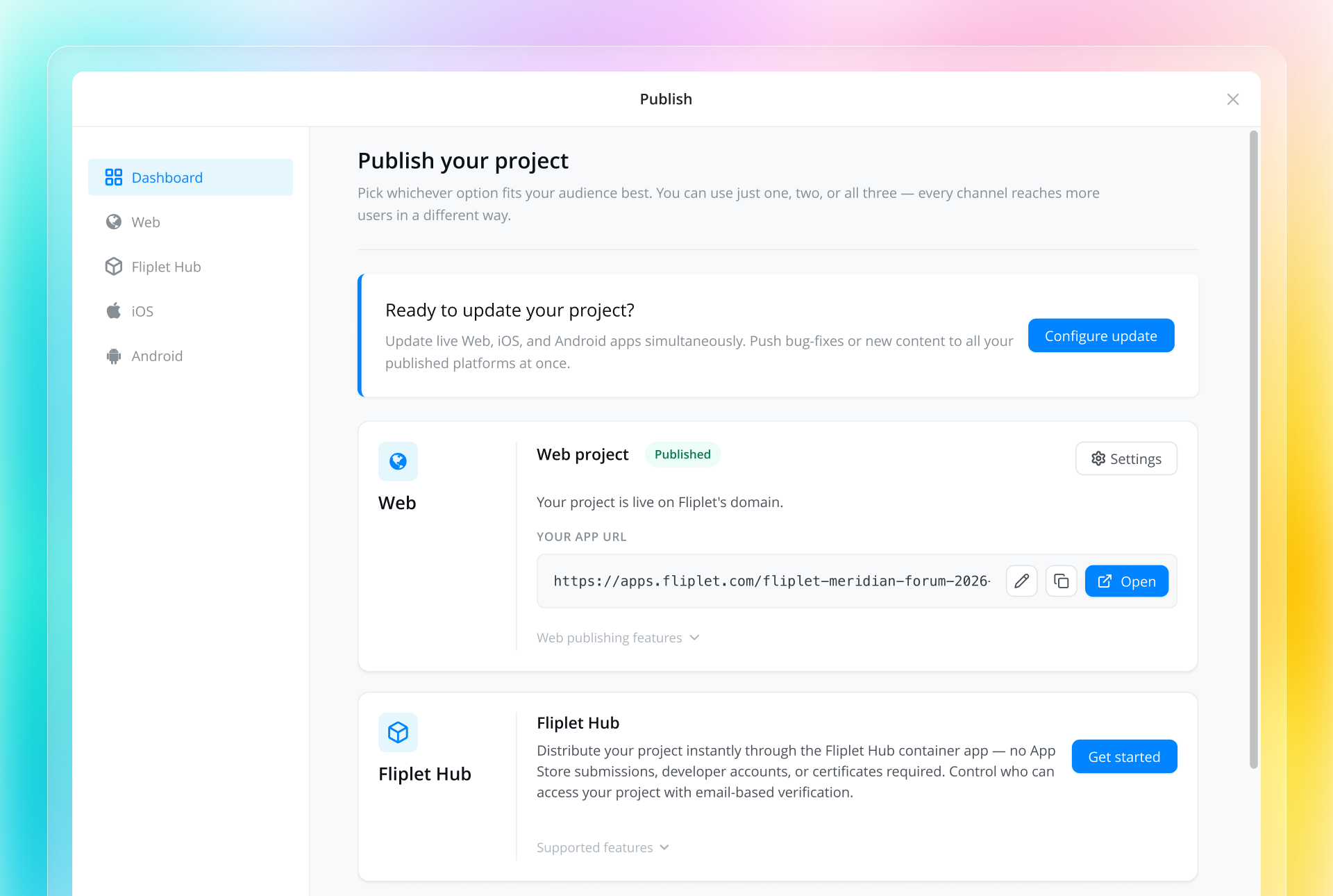 Fliplet Publishing Dashboard showing release updates, a published web project, and Fliplet Hub