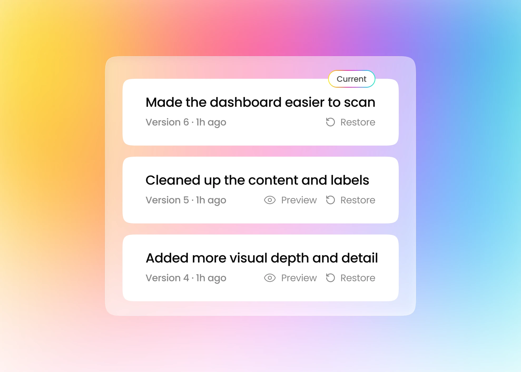 Fliplet version history screen for reviewing software changes