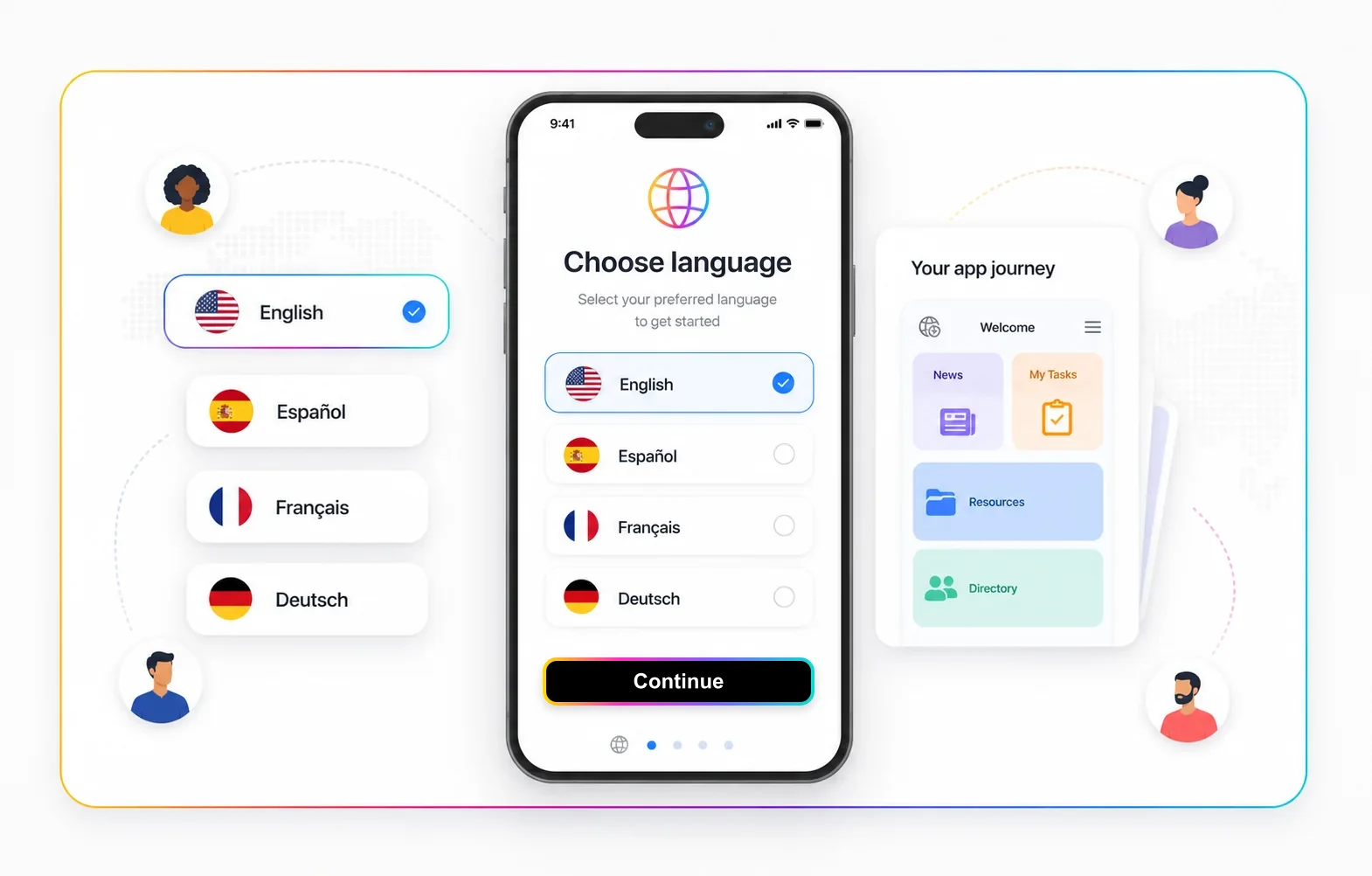 Mobile software language selection screen for multilingual users