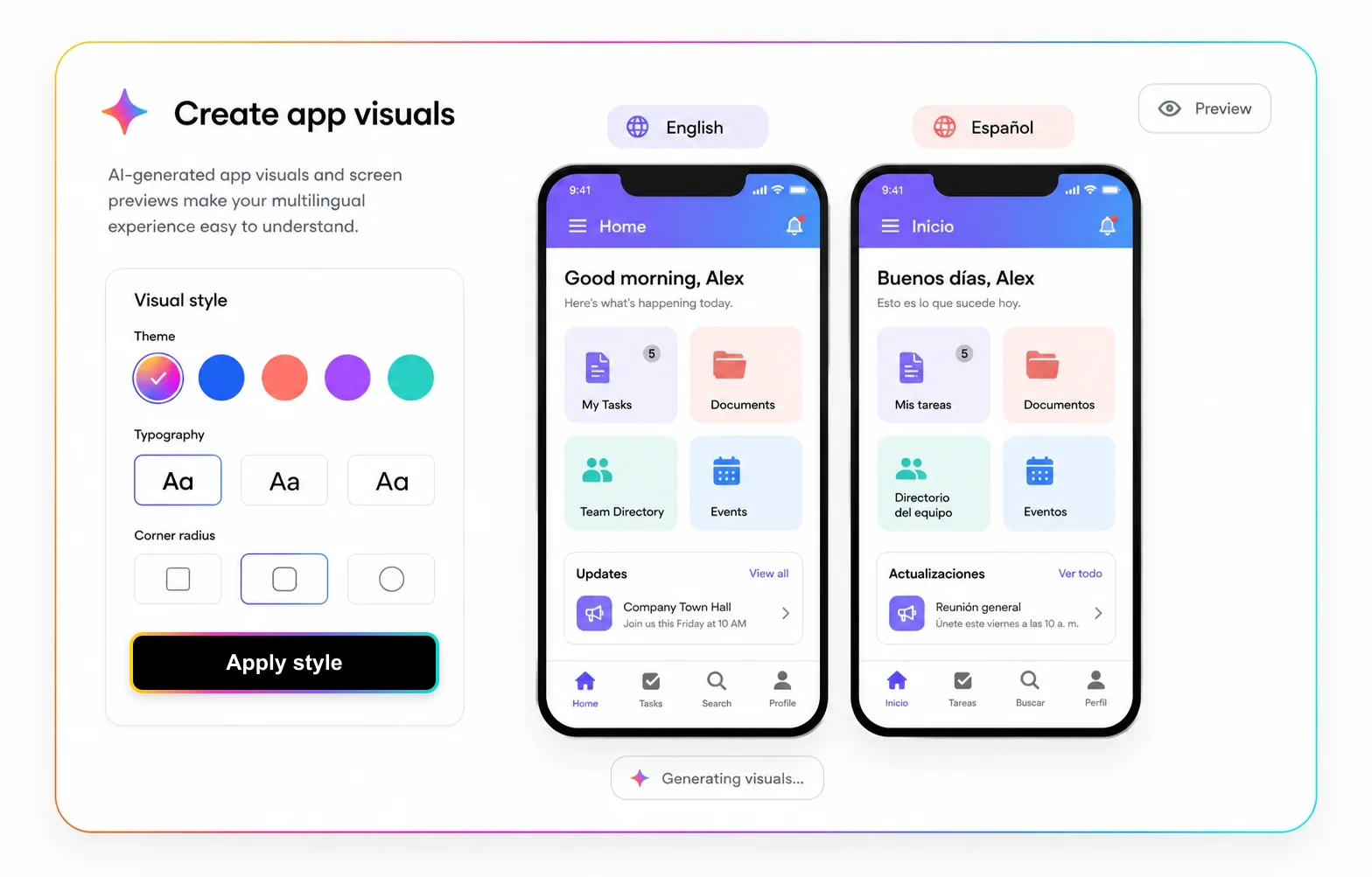 AI-created multilingual software previews with style controls