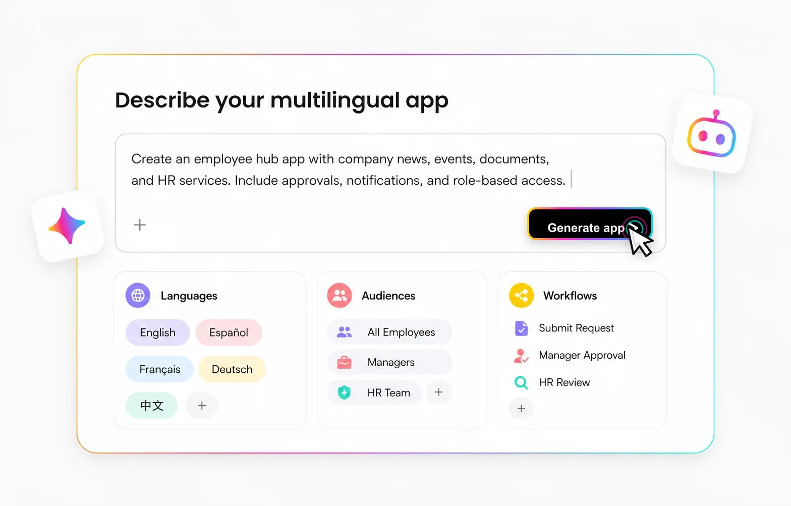 AI software builder prompt interface for multilingual software