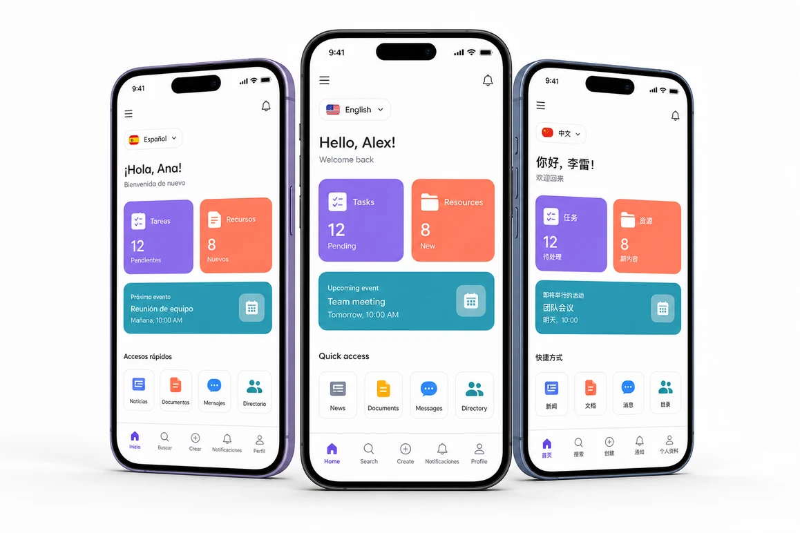 Three smartphone devices showing multilingual software screens
