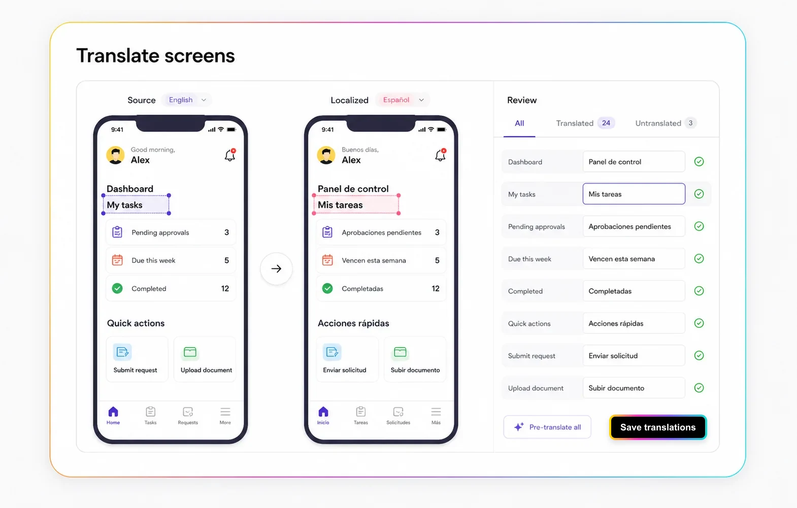 Translation workspace for localizing software screens and labels