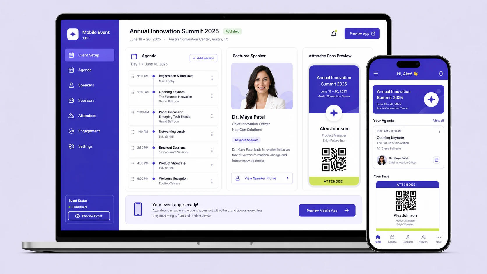 Fliplet event software displayed on desktop and mobile